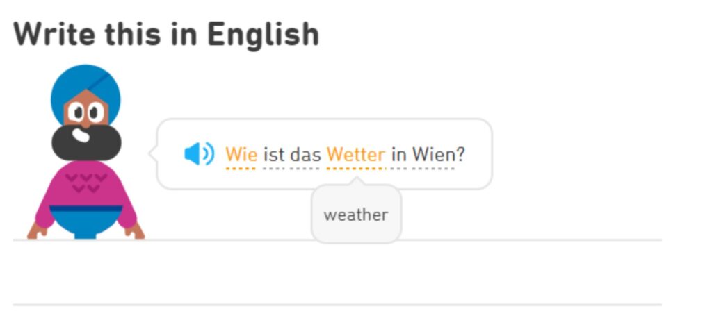 A picture of a DuoLingo exercise. Beneath the German word 'Wetter', a pop-up shows the English translation 'weather'.