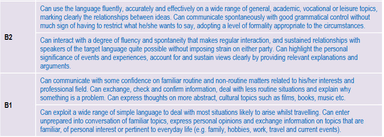 Table of CEFR dscriptors for the levels B1/B2